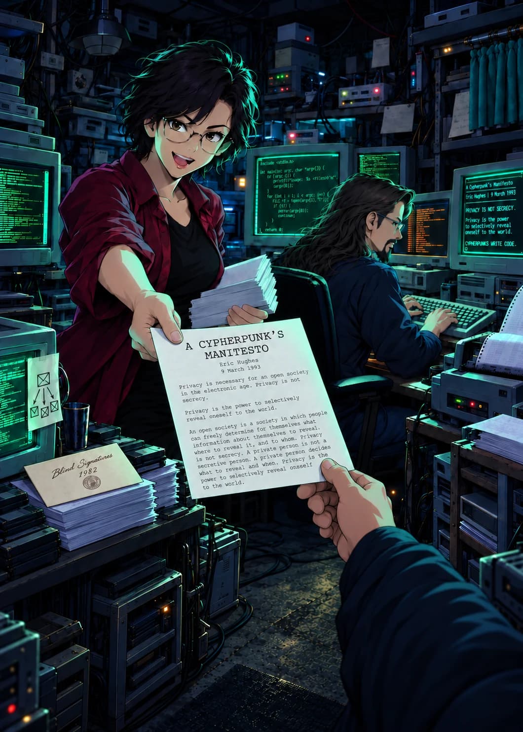 Complete approved illustration for Cypherpunk Manifesto
