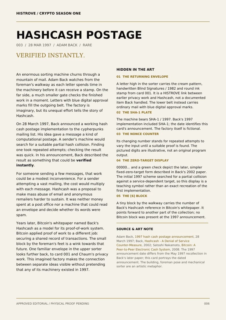 Hashcash Postage companion book page 2, history and details