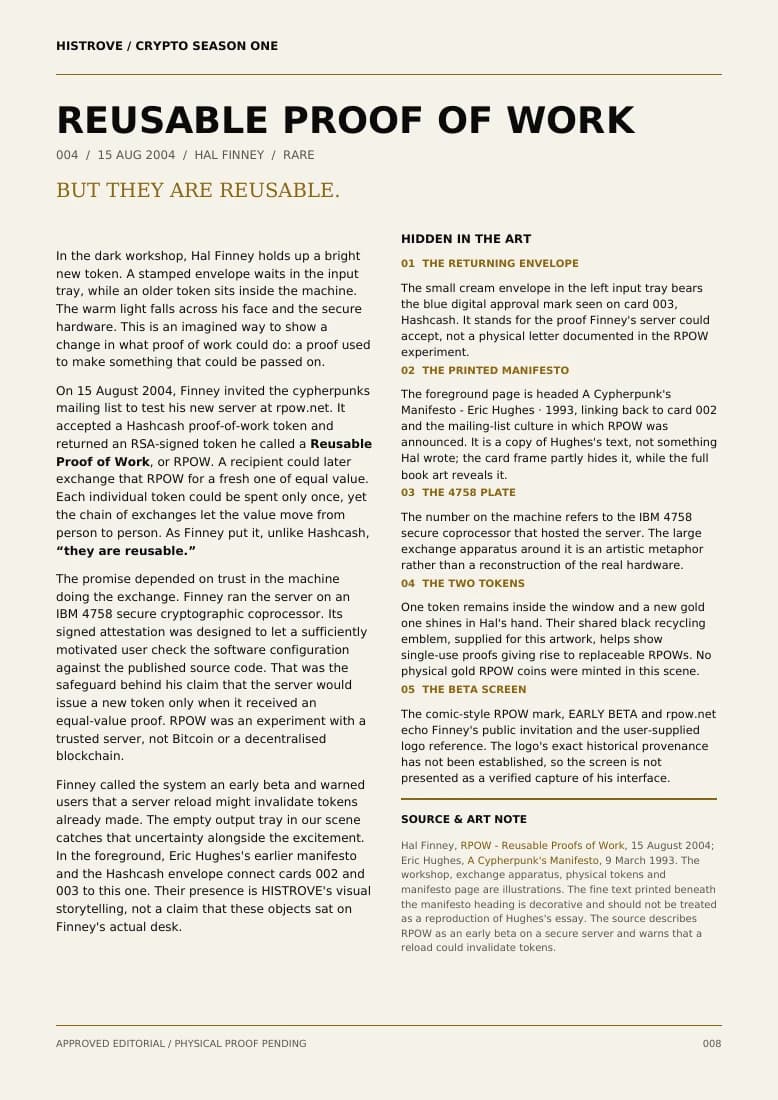 RPOW — Reusable Proof Of Work companion book page 2, history and details