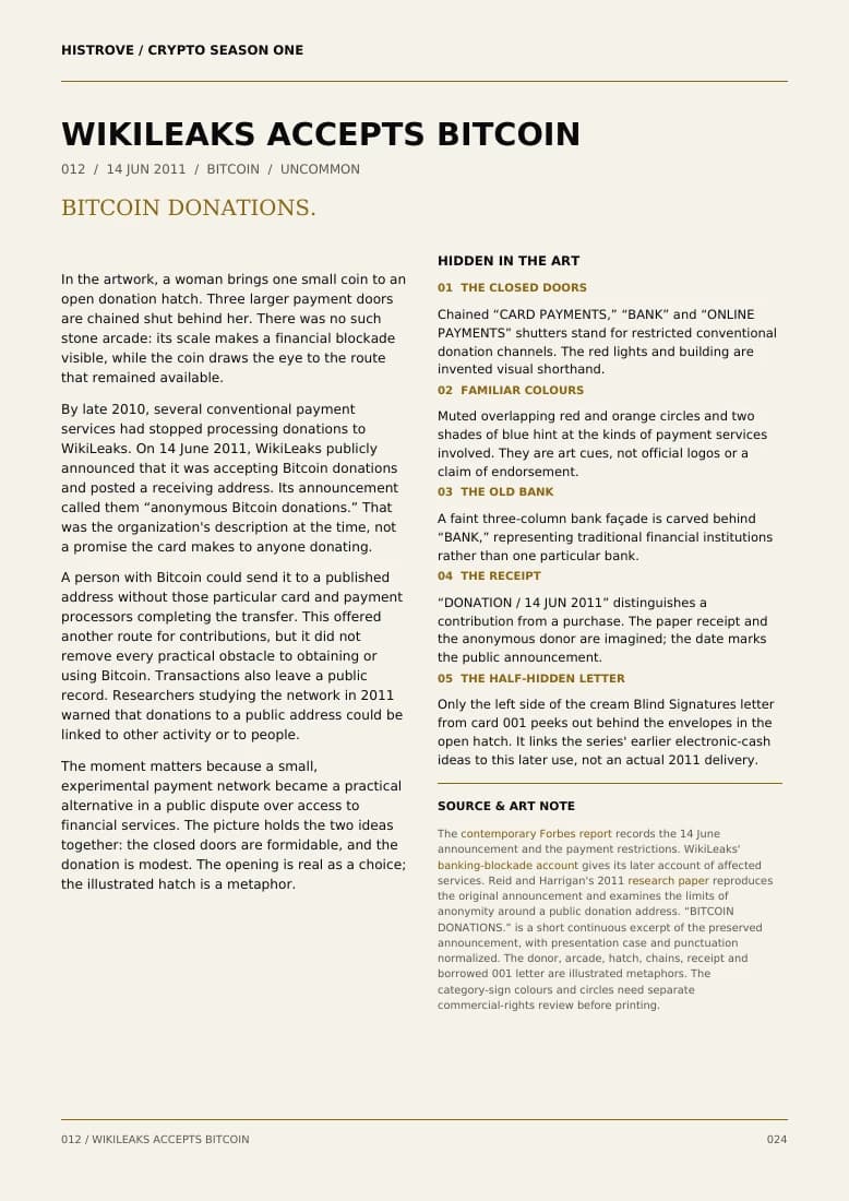 WikiLeaks Accepts Bitcoin companion book page 2, history and details