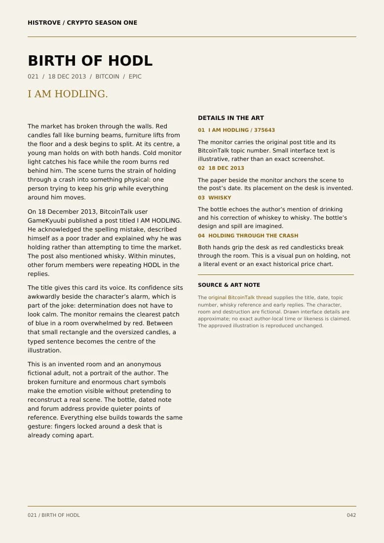 Birth Of HODL companion book page 2, history and details