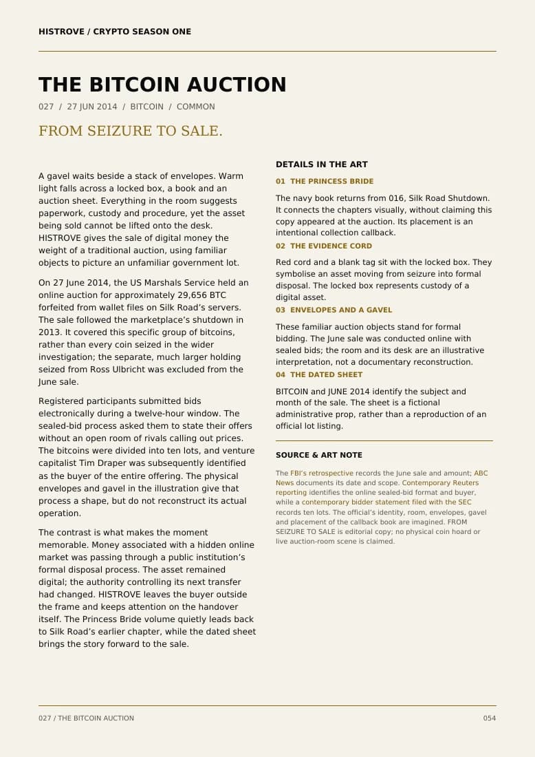The Bitcoin Auction companion book page 2, history and details