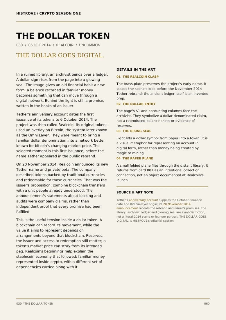 The Dollar Token companion book page 2, history and details