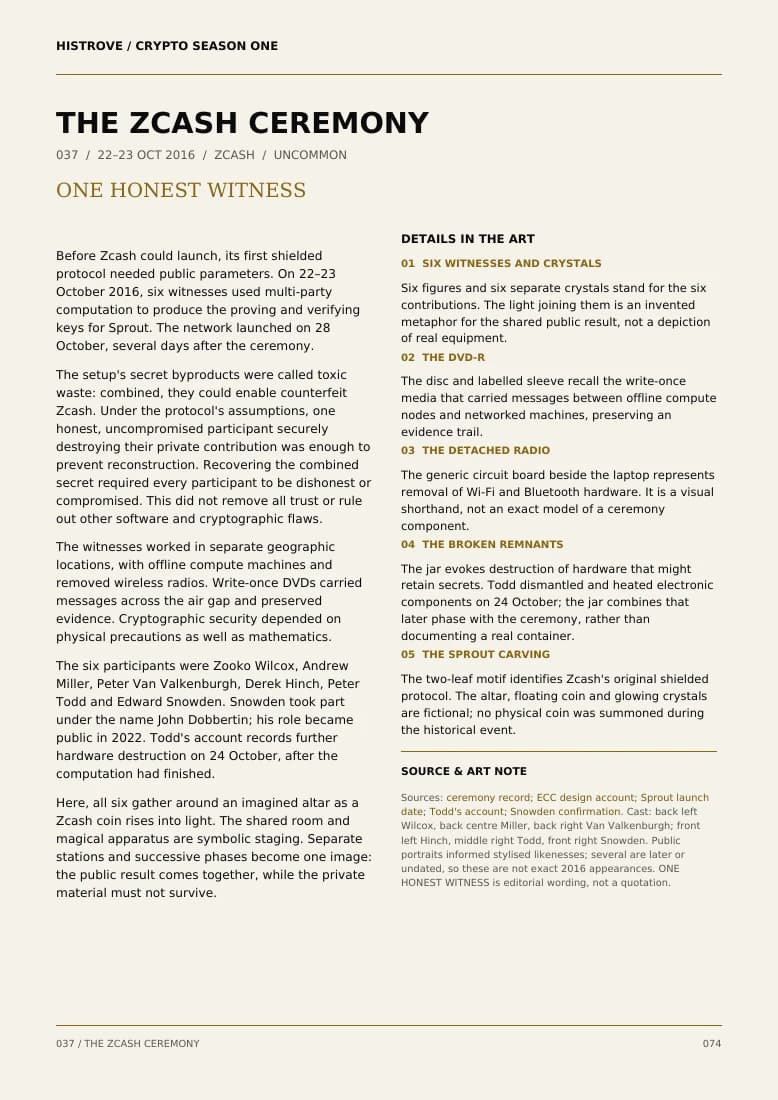 The Zcash Ceremony companion book page 2, history and details