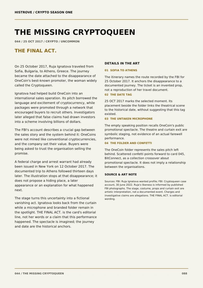 The Missing Cryptoqueen companion book page 2, history and details