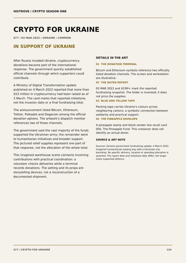 Crypto For Ukraine companion book page 2, history and details