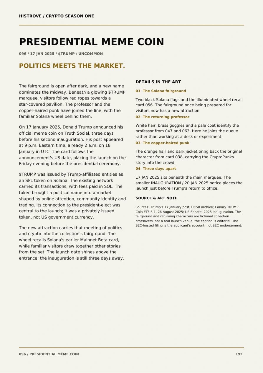 Presidential Meme Coin companion book page 2, history and details