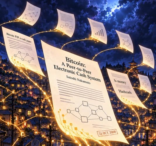 Nine floating whitepaper sheets over the town