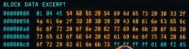 Orange hexadecimal bytes on the block display