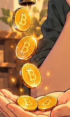 Three falling bitcoin coins and two resting in a palm