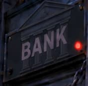 Three-column bank façade behind the BANK lettering