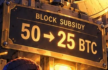 Block-subsidy sign showing 50 to 25 BTC