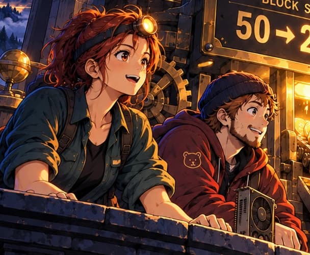 Returning red-haired miner beside a bear-patch miner and GPU