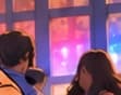 Low red and blue light in the far-right window