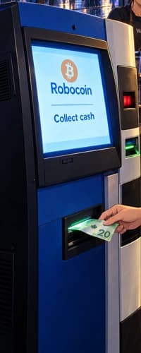 Blue-and-silver Robocoin cash kiosk
