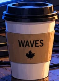 WAVES cup with black lid, tan sleeve and maple leaf