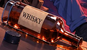 Spilled bottle labelled WHISKY