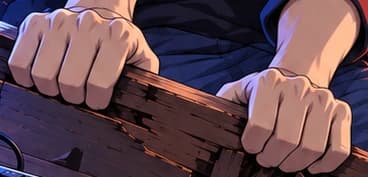 Both hands gripping the broken desk