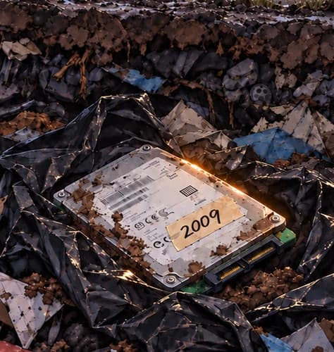 Enlarged hard drive beneath the landfill surface in the symbolic cutaway