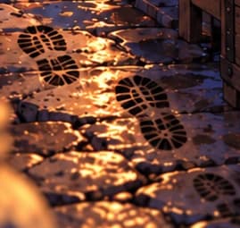 Dark footprints across the wet market stones