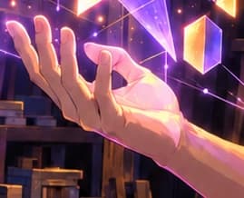 Open hand beneath luminous geometric shapes