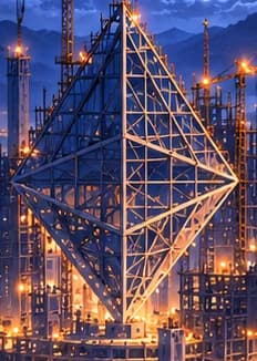 Ethereum-shaped framework and cranes above the unfinished city
