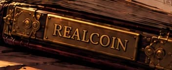 Brass REALCOIN clasp on the ancient ledger