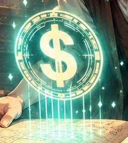 Glowing dollar seal rising from the ledger