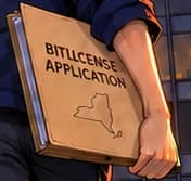 Tan BITLICENSE APPLICATION folder carried under the anonymous applicant’s arm