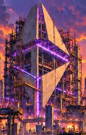 Unfinished concrete-panel Ethereum-shaped tower with open floors and scaffolding