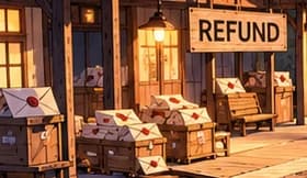 The REFUND sign and envelopes on the ETH branch symbolise the recovery contract