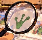 Magnifying glass enlarging an invented green frog footprint on a card