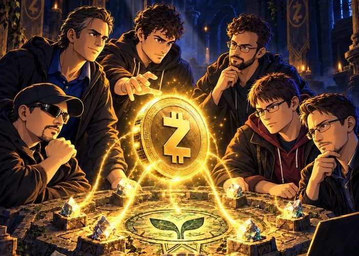 Six stylised witnesses and six separate crystals around an imagined altar, joined by light beneath a floating Zcash coin