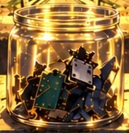 Imagined glass jar of broken electronic components representing destruction of secret-bearing hardware