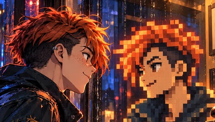 Human and reflected copper hair, facial features and dark clothing