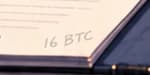 The 16 btc flashforward. This small annotation points to the original sign's 2024 winning auction bid. It deliberately reaches forward seven years; it is not a note made at the 2017 hearing.