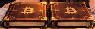 THE MATCHING LEDGERS. Identical books symbolise the common transaction record inherited by both networks. No real historical books or physical coin duplication are claimed.