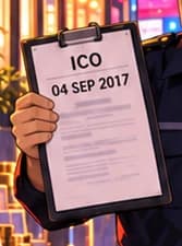 THE DATED NOTICE. The clipboard reads 04 SEP 2017, the date of the joint announcement. Its delivery turns a busy token market into a moment of interruption. The prop is an illustration, not a reproduction of an official form.