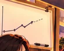 THE UNFINISHED PITCH. An upward chart is left on the sales board as the discussion stops. It symbolises fundraising interrupted, without accusing a named project of fraud or promising that prices would keep rising.