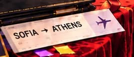 SOFIA TO ATHENS. The itinerary names the route recorded by the FBI for 25 October 2017. It anchors the disappearance to a documented journey. The ticket is an invented prop, not a reproduction of her travel document.