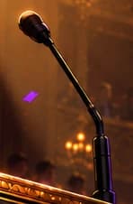 THE UNTAKEN MICROPHONE. The empty speaking position recalls OneCoin's public promotional spectacle. The theatre and curtain exit are symbolic staging, not evidence of an actual farewell performance.