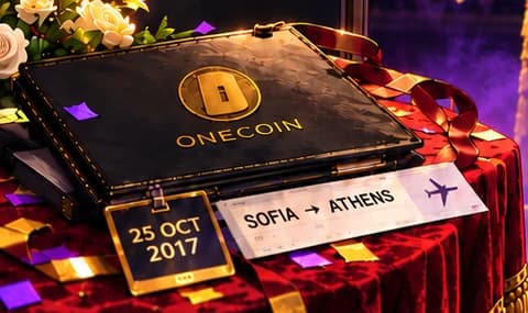 THE FOLDER AND CONFETTI. The OneCoin folder represents the sales pitch left behind. Scattered confetti points forward to card 045, BitConnect, as a collection crossover about promotional spectacle. It does not imply a relationship between the organisations.