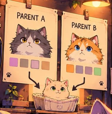 THE PARENT TRAIT CARDS. PARENT A and PARENT B point towards a new kitten. They explain the game's trait-combination mechanic through an illustrated workshop diagram. The cards are invented props, and the breeding is a software process.