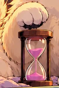 THE IMPATIENT PAW. The raised paw and pink hourglass make waiting personal. This is a comic expression of the player's experience, not a recorded incident or a timer for the release of new cats.