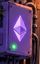 THE STILL-LIT ETHEREUM BOX. The illuminated box recalls Ethereum's first-light motif elsewhere in the collection. Its continuing glow links the game to the network beneath it: busy and under strain. The electrical box is a symbolic crossover, not historical equipment.
