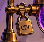 THE CDP LOCK. The padlock marked CDP stands for a Collateralized Debt Position. It points to collateral locked while Dai debt is outstanding. The valve and padlock are invented visual shorthand for smart contracts.