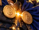 THE BITCOIN CLASPS. Two Bitcoin clasp halves are joined by light. They suggest the two participants in a funded channel, whose balances can change off-chain while their channel remains anchored to Bitcoin's blockchain.