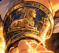 THE SPHINX BRACER. The engraved Sphinx nods to the Sphinx-derived packet format used for Lightning onion routing. Layered instructions guide a payment through its route. The mythical engraving is an artistic clue, not actual networking equipment.