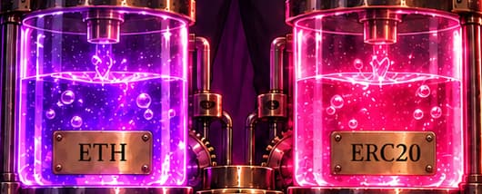 THE PAIRED RESERVES. ETH and ERC20 label the two chambers. Together they represent one V1 exchange's paired reserves. Pouring into both suggests providing liquidity; a swap instead adds one asset and removes some of the other.