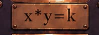 THE CONSTANT-PRODUCT PLATE. The x*y=k engraving recalls the pricing rule. The reserve ratio changes as trades occur. Fees and liquidity changes affect the reserve product, so the inscription does not promise a fixed price or an unchanging k.